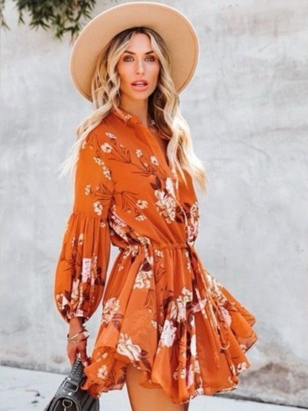 Rust Floral Long-Sleeve Mini Dress From Vici